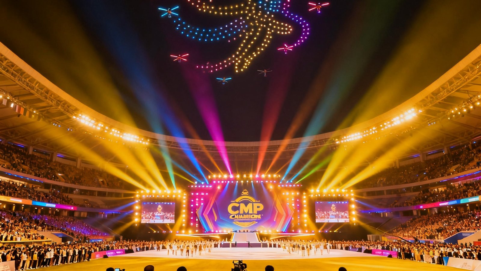 CMP冠军团队在万人体育场内策划执行大型赛事开幕式的场景，舞台灯光璀璨，无人机编队在空中组成图案