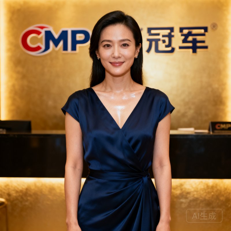 CMP冠军商务总监林晓雯的商务肖像照，华裔女性三十岁左右，穿着优雅的深蓝色连衣裙站在签约仪式背景板前